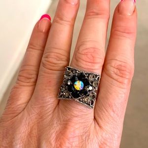 Fashion bling ring Black, Smokey grey , iridescent center stone. Flower design
